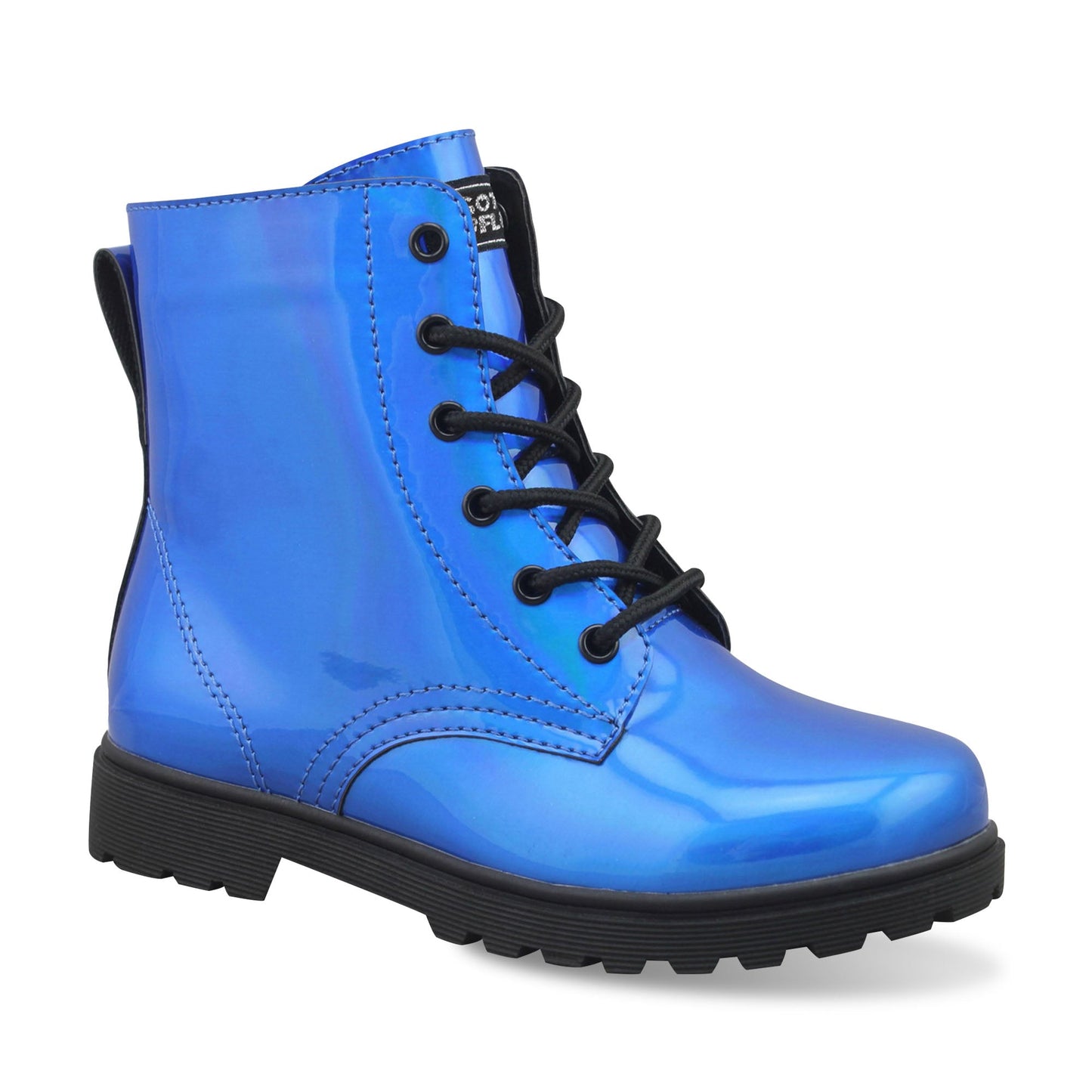 Gotta Flurt Girl's Luna Blue Faux Patent Leather Combat Boot With Side Zipper