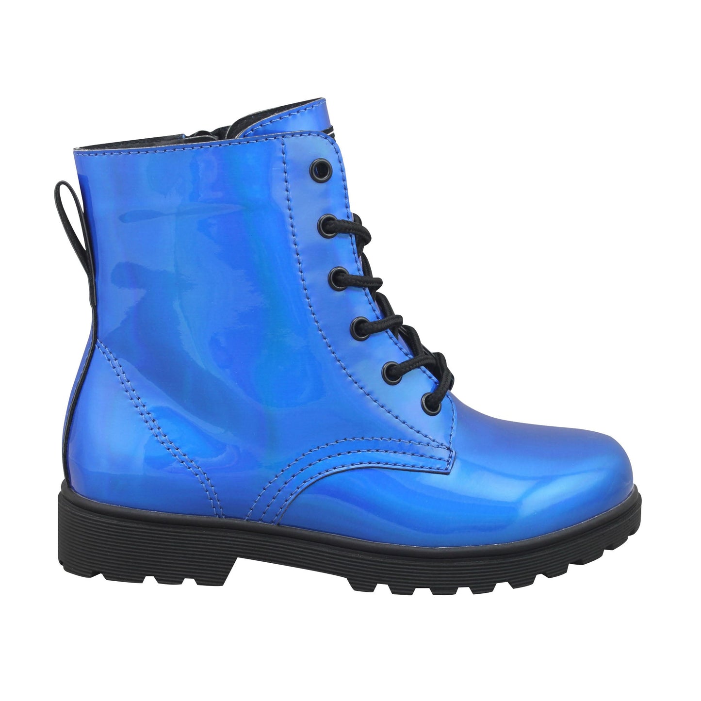 Gotta Flurt Girl's Luna Blue Faux Patent Leather Combat Boot With Side Zipper