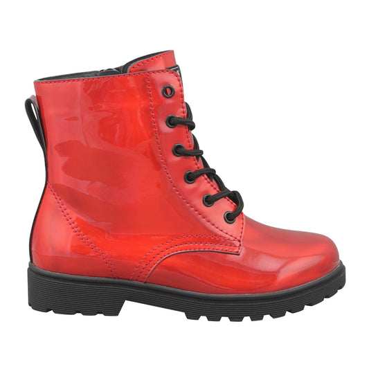 Gotta Flurt Girl's Luna Red Faux Patent Leather Combat Boot With Side Zipper